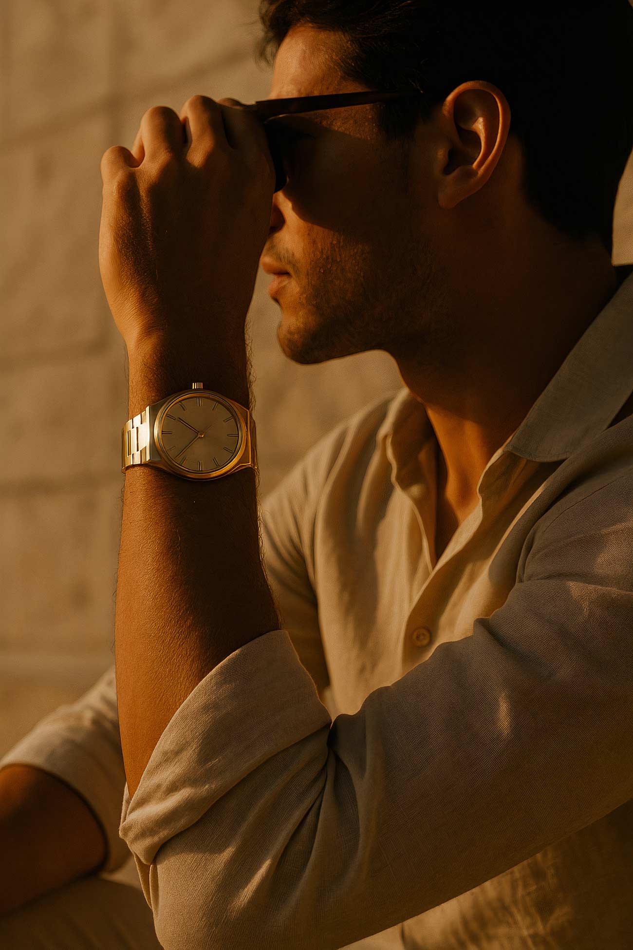 Gentleman\'s wrist with elegant analog watch strap