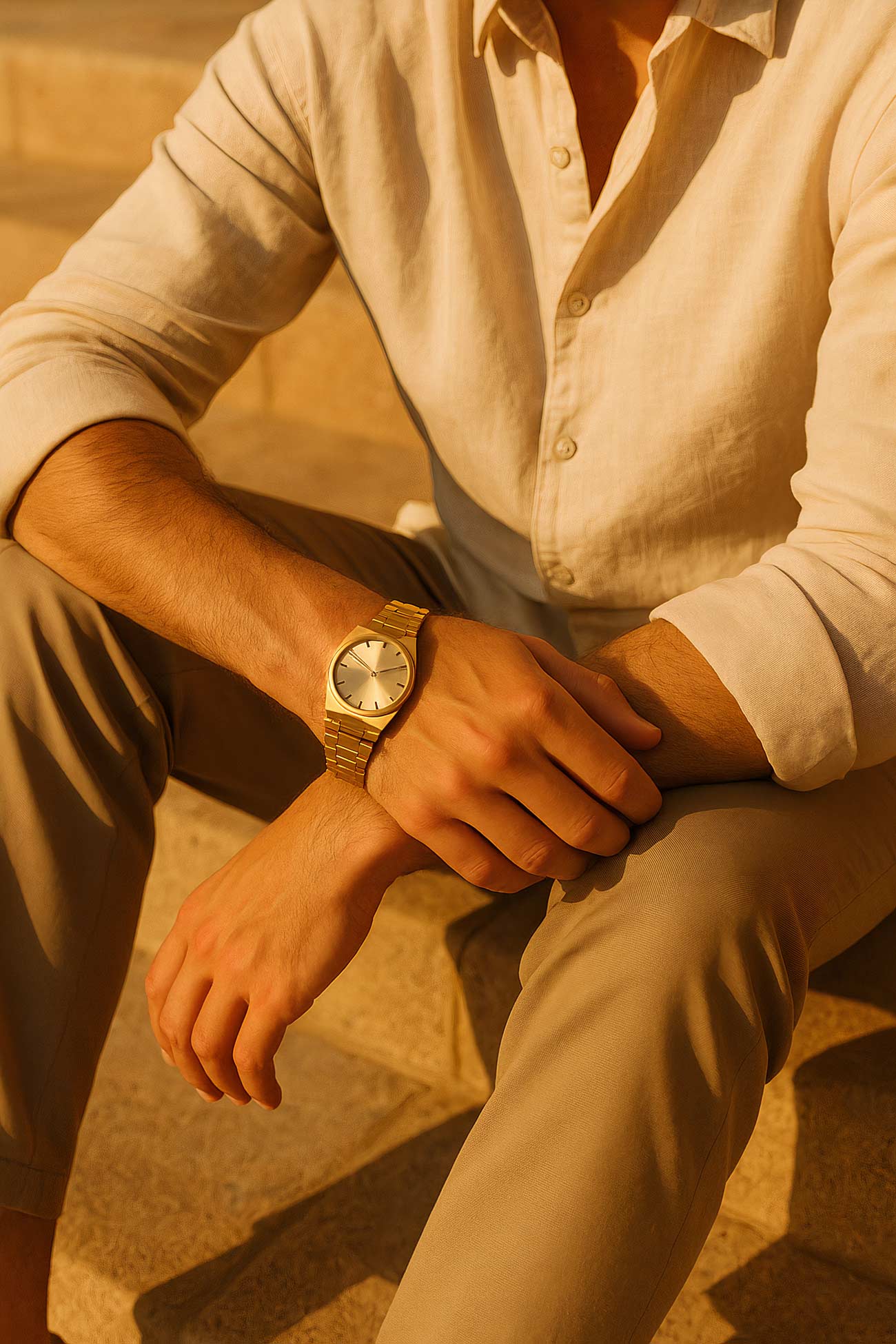 Silver analog watch on wrist, fashion accessory