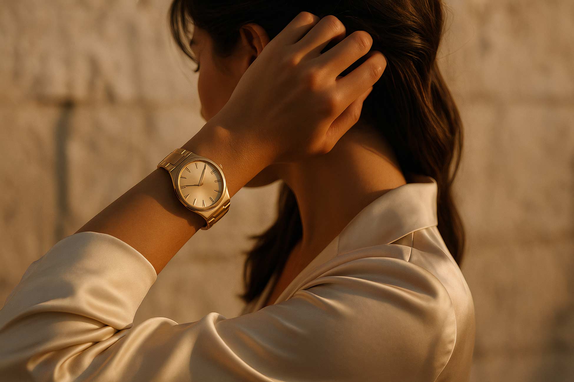 Girl checking analog watch on wrist, manicured nails, thumb, abdomen, elegant strap