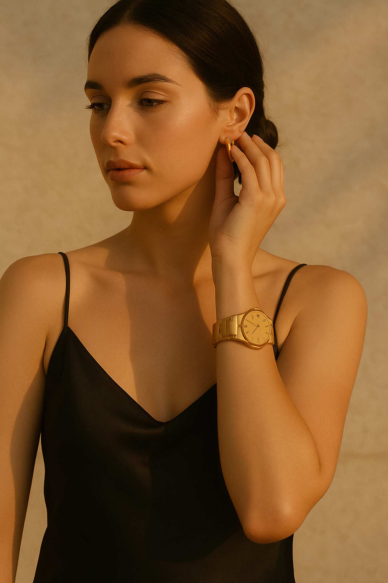 Fashion model with analog watch and cosmetics