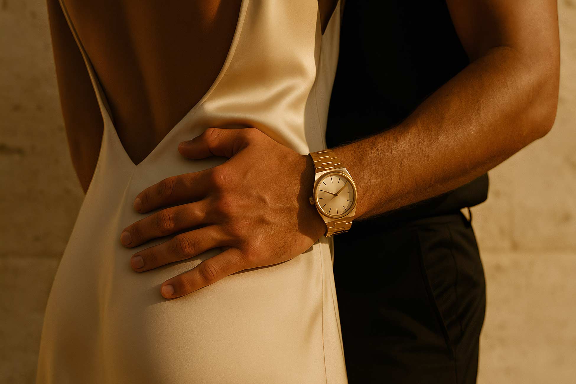 Fashion model with brown hair holding hands showcasing elegant analog watch