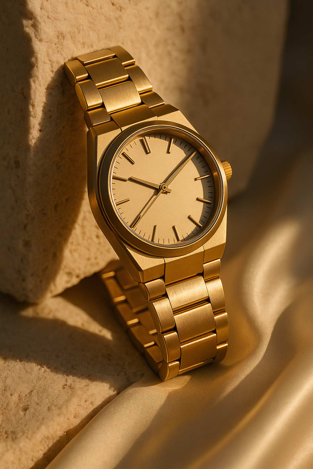 Analog watch with natural material strap on neutral background