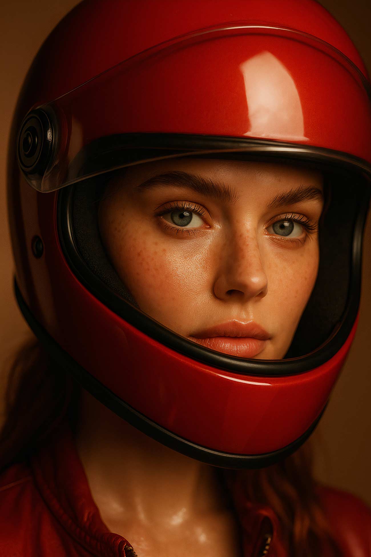 Red motorcycle helmet close-up portrait with red hair