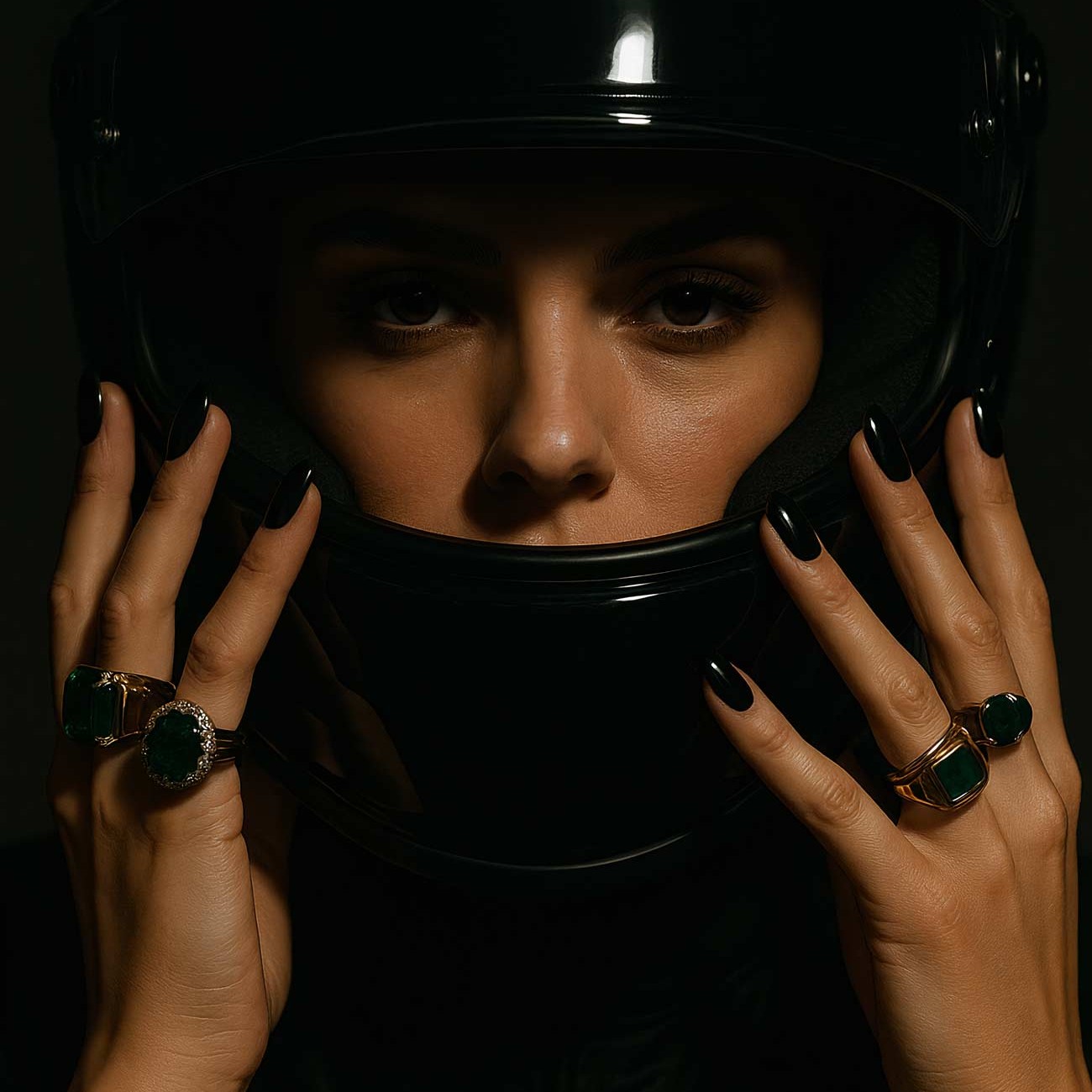 Model in leather jacket and motorcycle helmet posing with hand elegantly, fashion stock photo