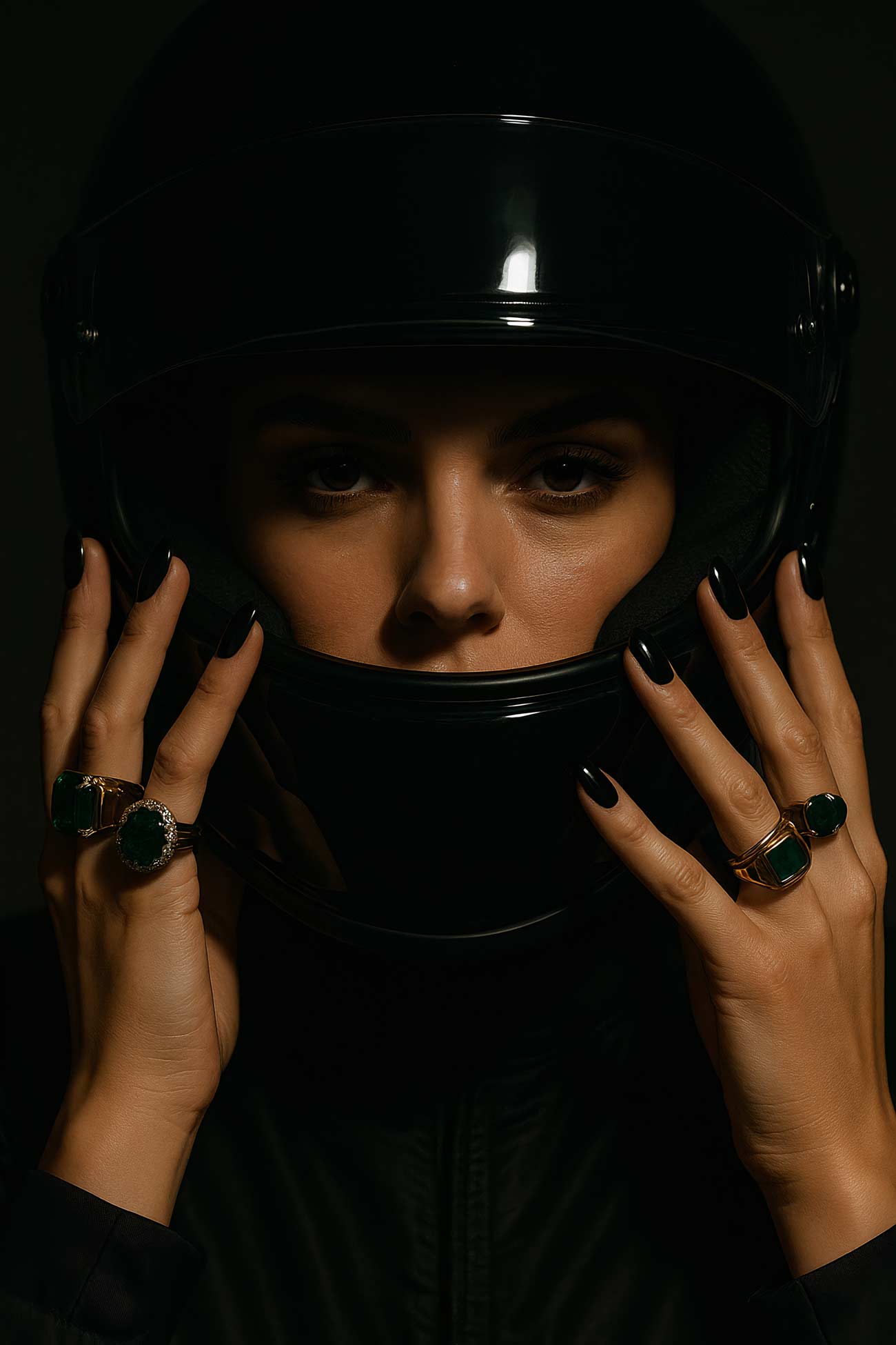 Model in leather jacket and motorcycle helmet posing with hand elegantly, fashion stock photo