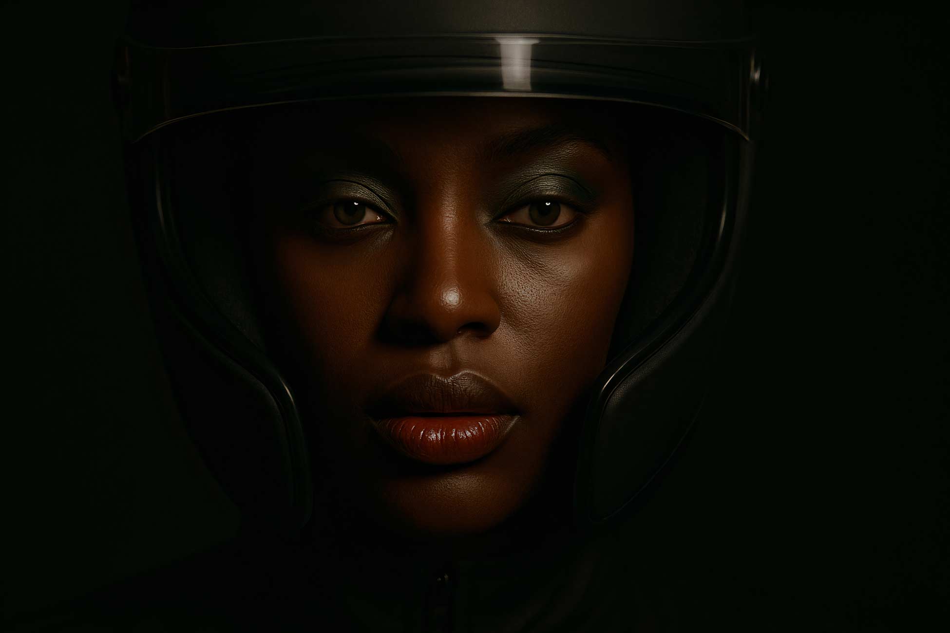 Dark portrait of a person in a leather jacket with intense eyes and lips