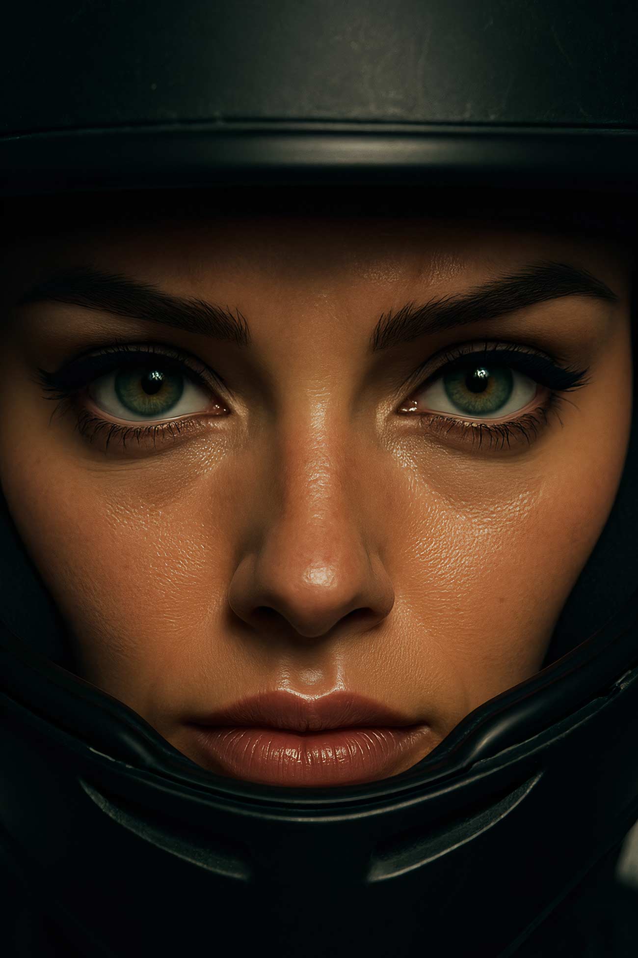 Close-up portrait of model in motorcycle helmet