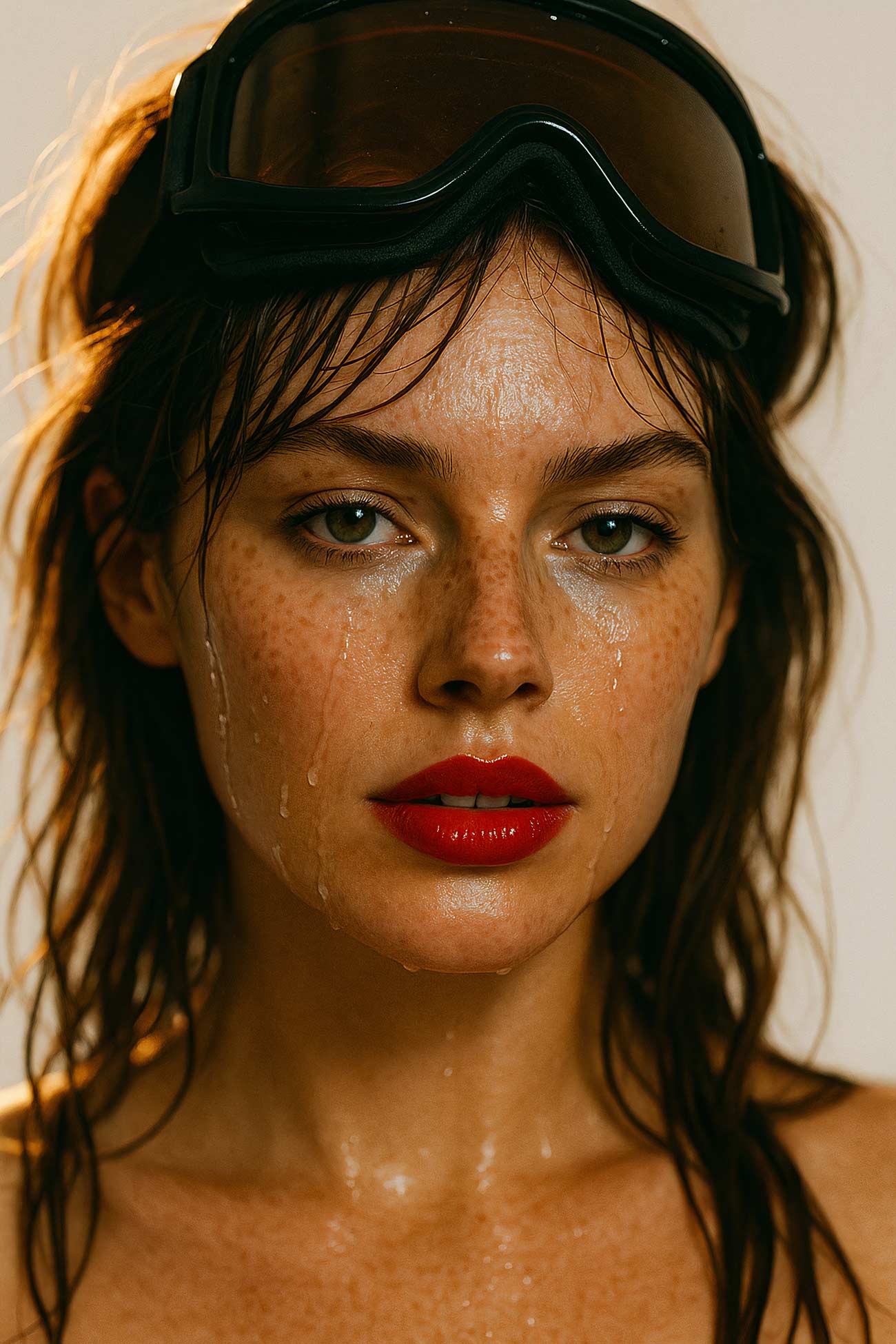 Girl with brown hair, lips, and eyelashes in fashion portrait