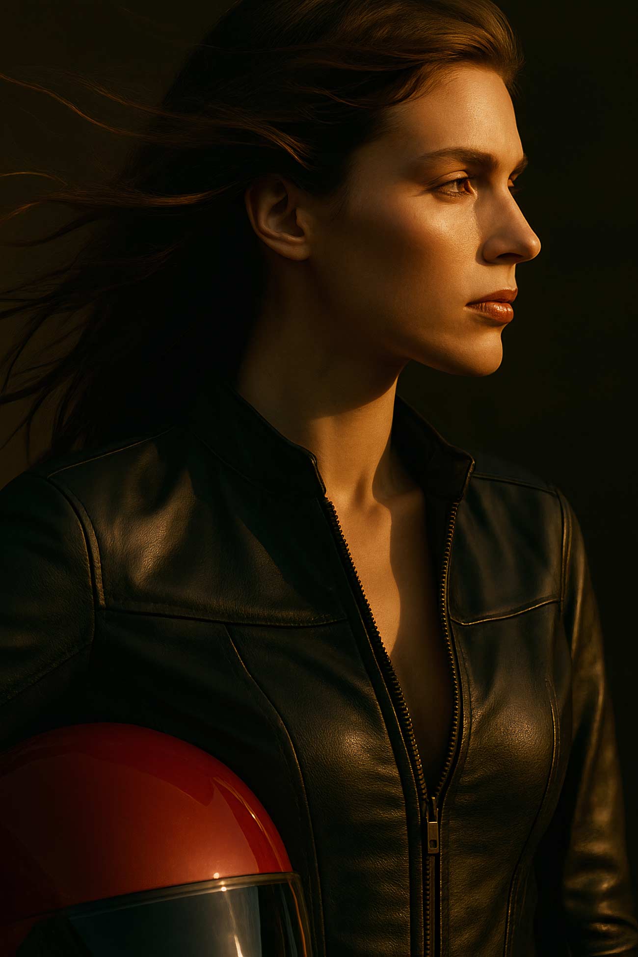 Fashion model in black leather jacket