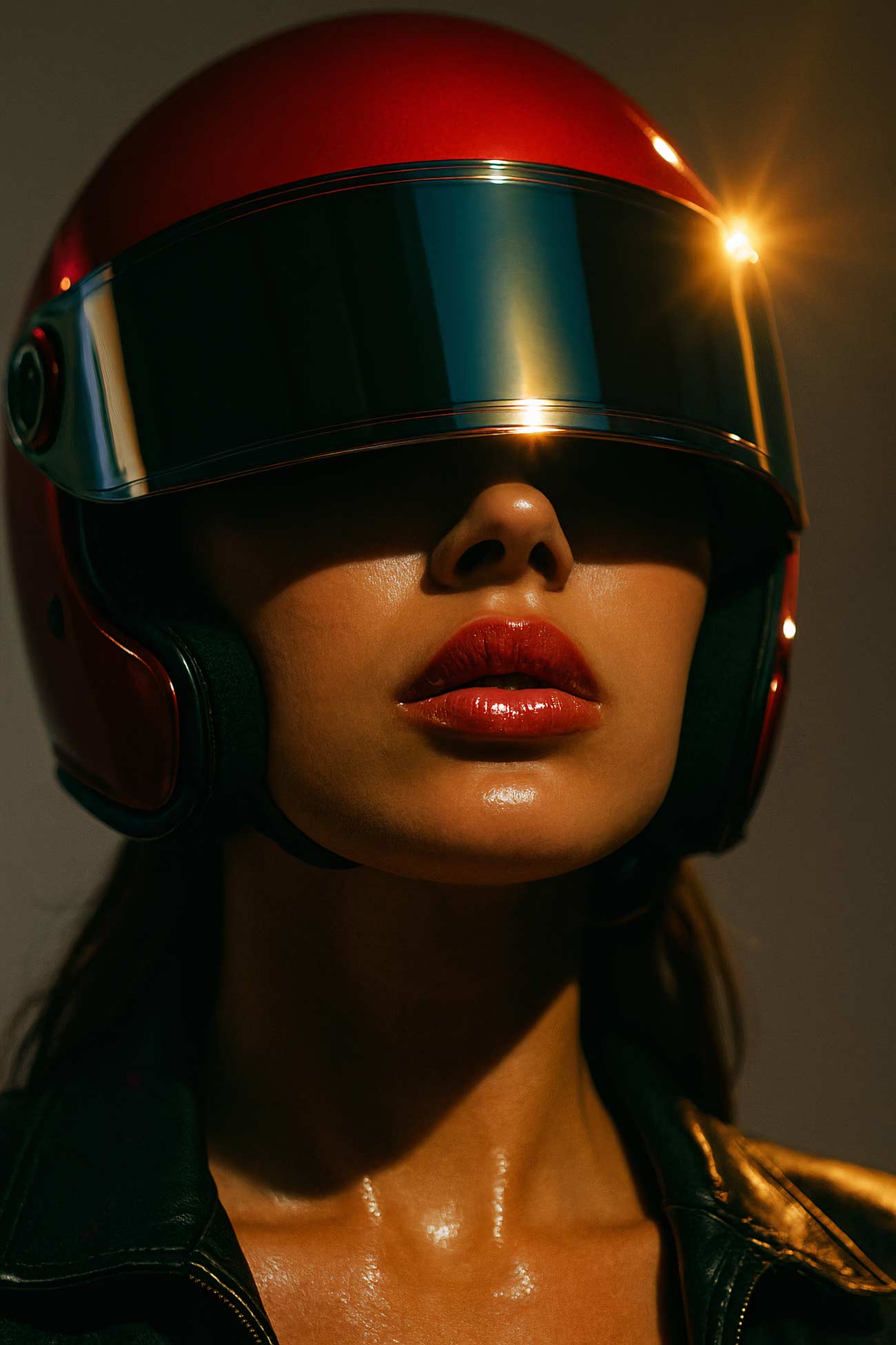 Model in latex clothing with motorcycle helmet