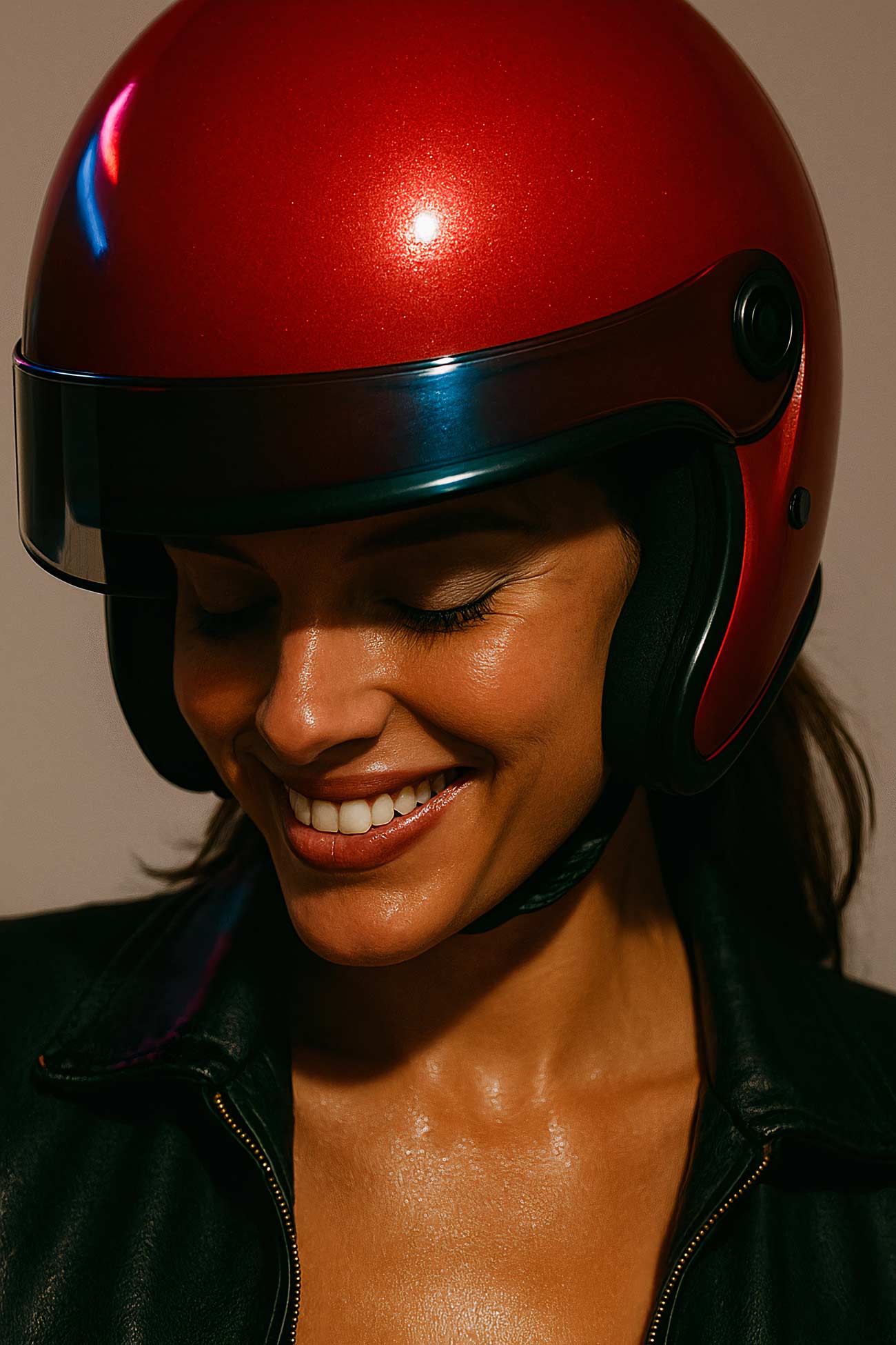 Red motorcycle helmet portrait selfie