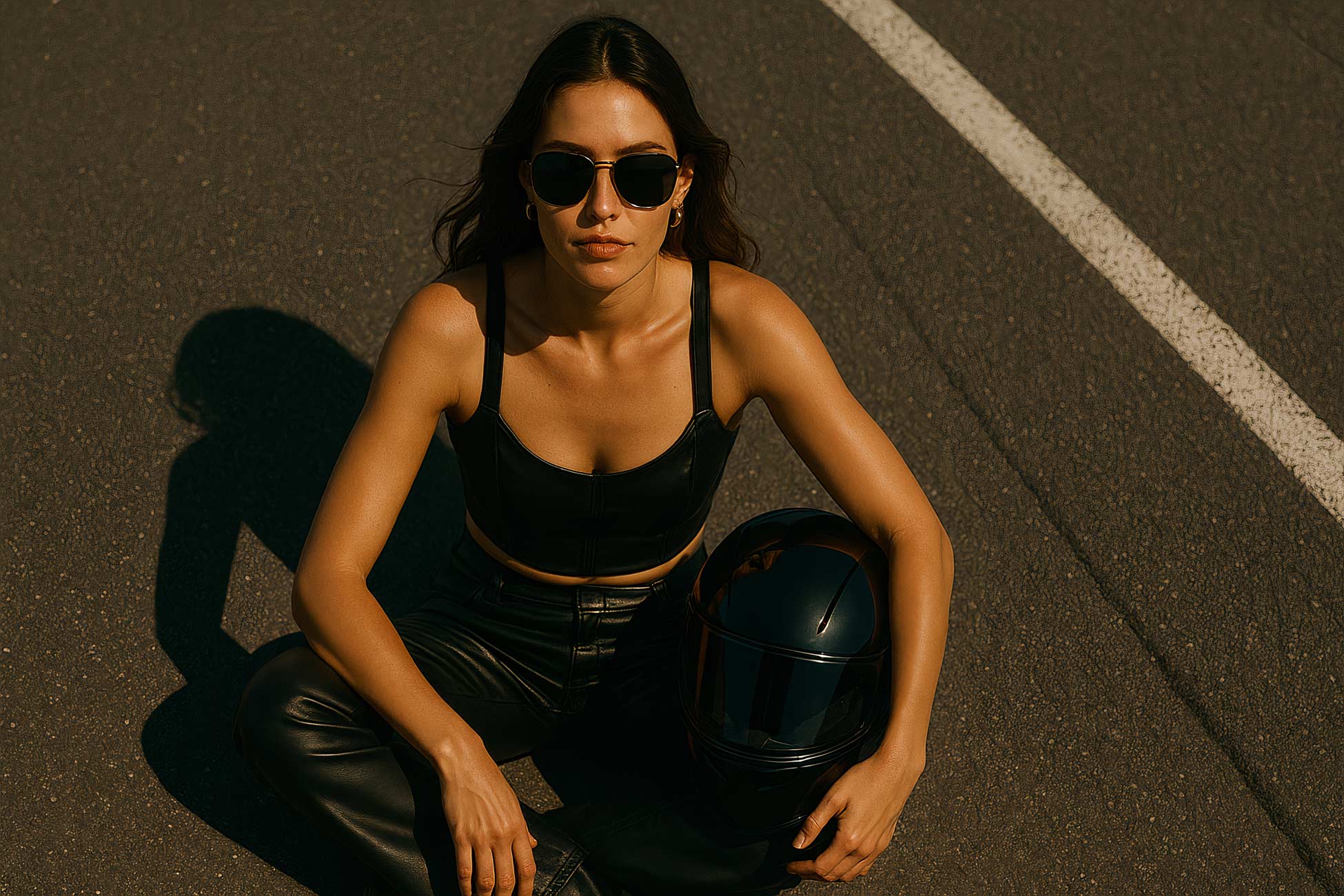 Fashion model wearing glasses and sunglasses sitting in black attire