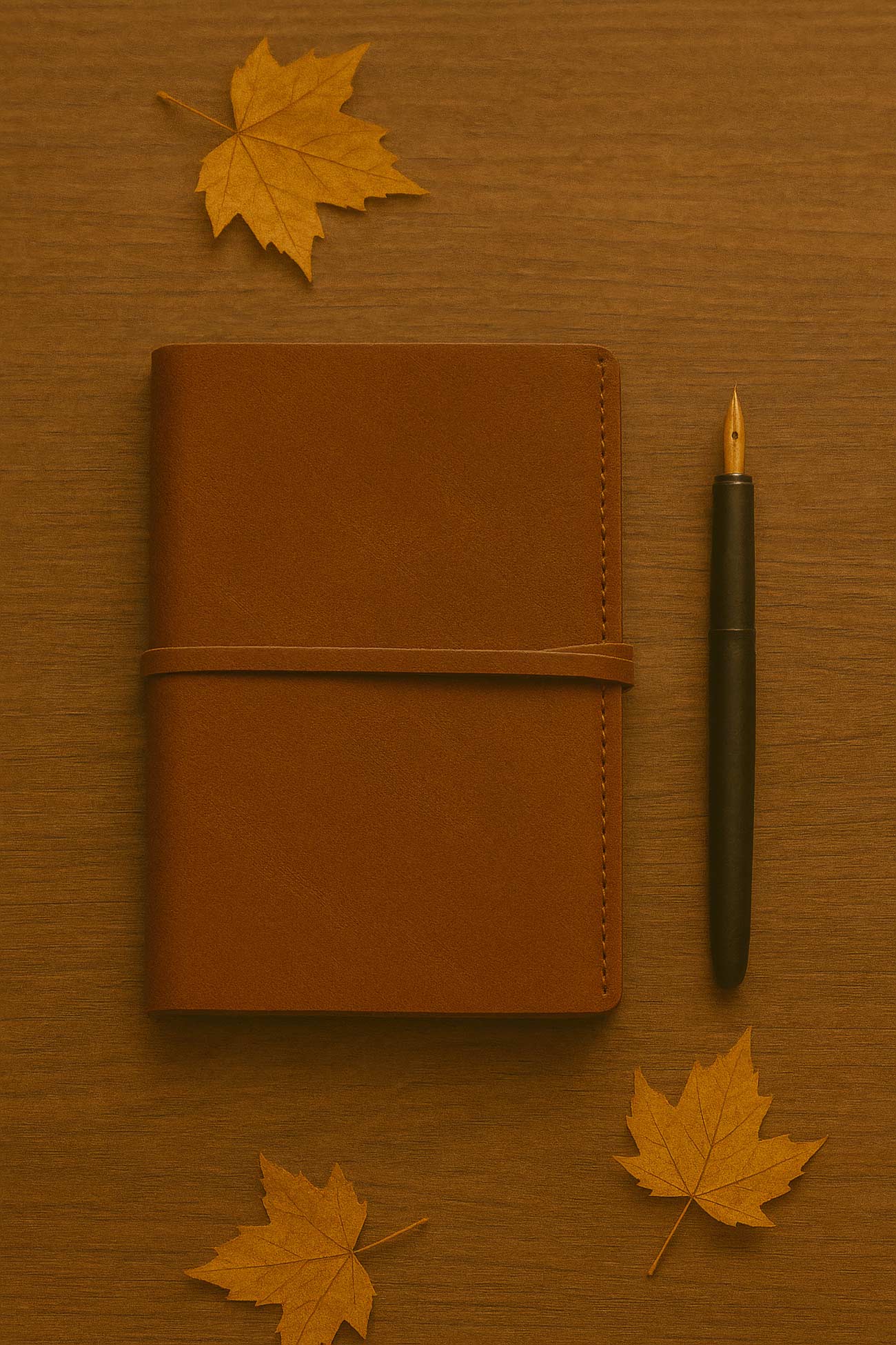 Brown leather notebook, pens, maple leaf design stationery set