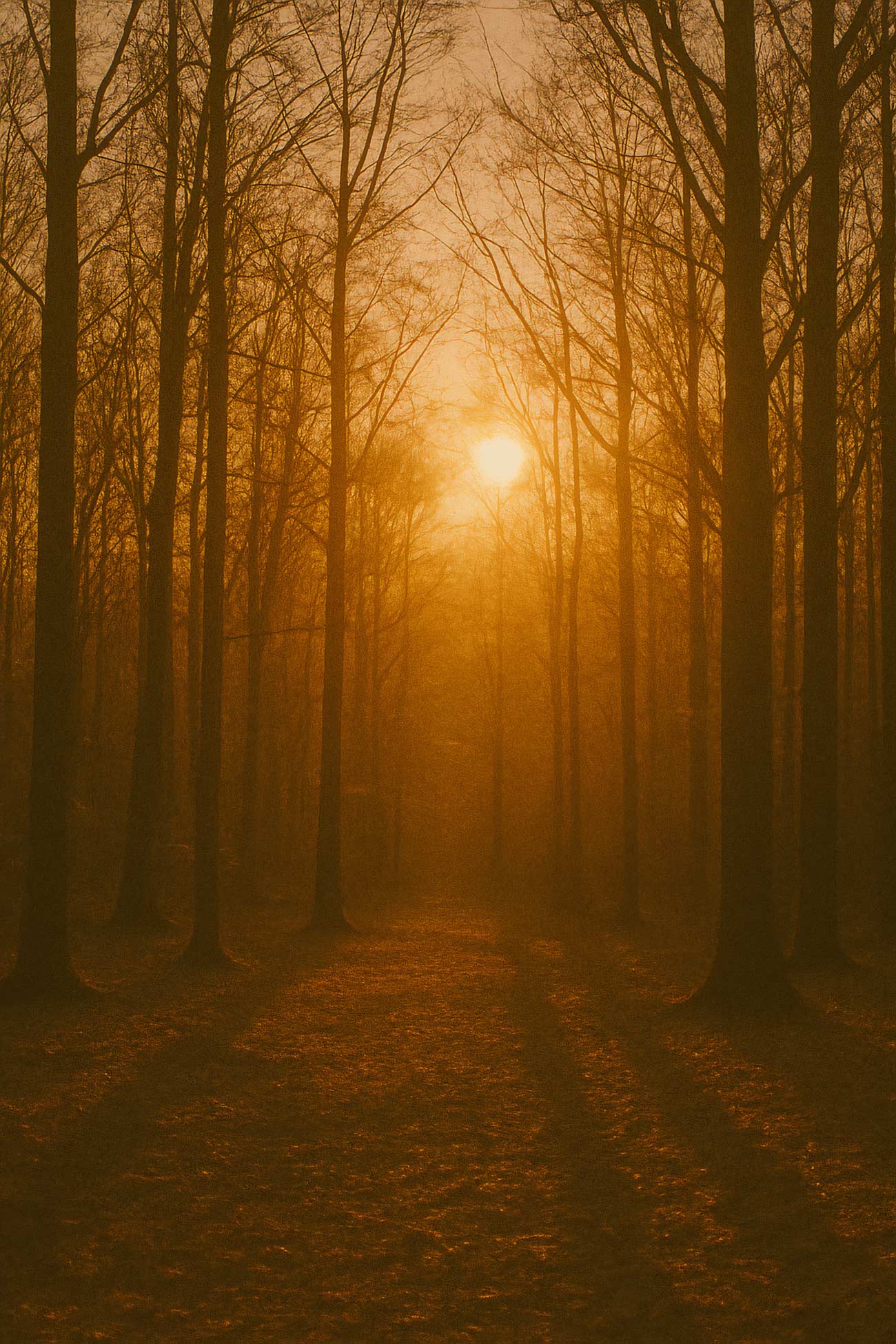 Sunrise over misty forest with sunlight filtering through trees