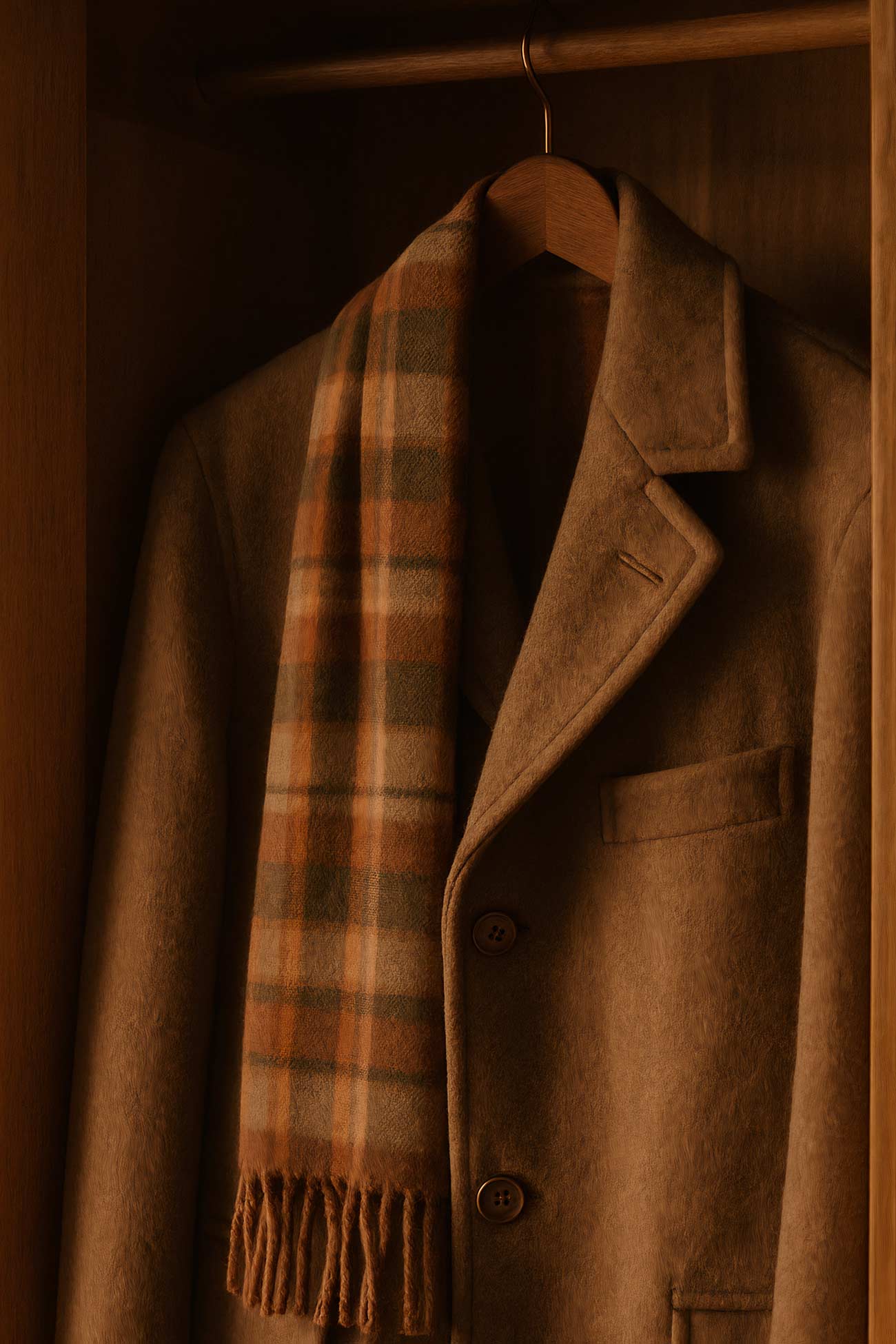 Brown tartan woolen clothing item on hanger