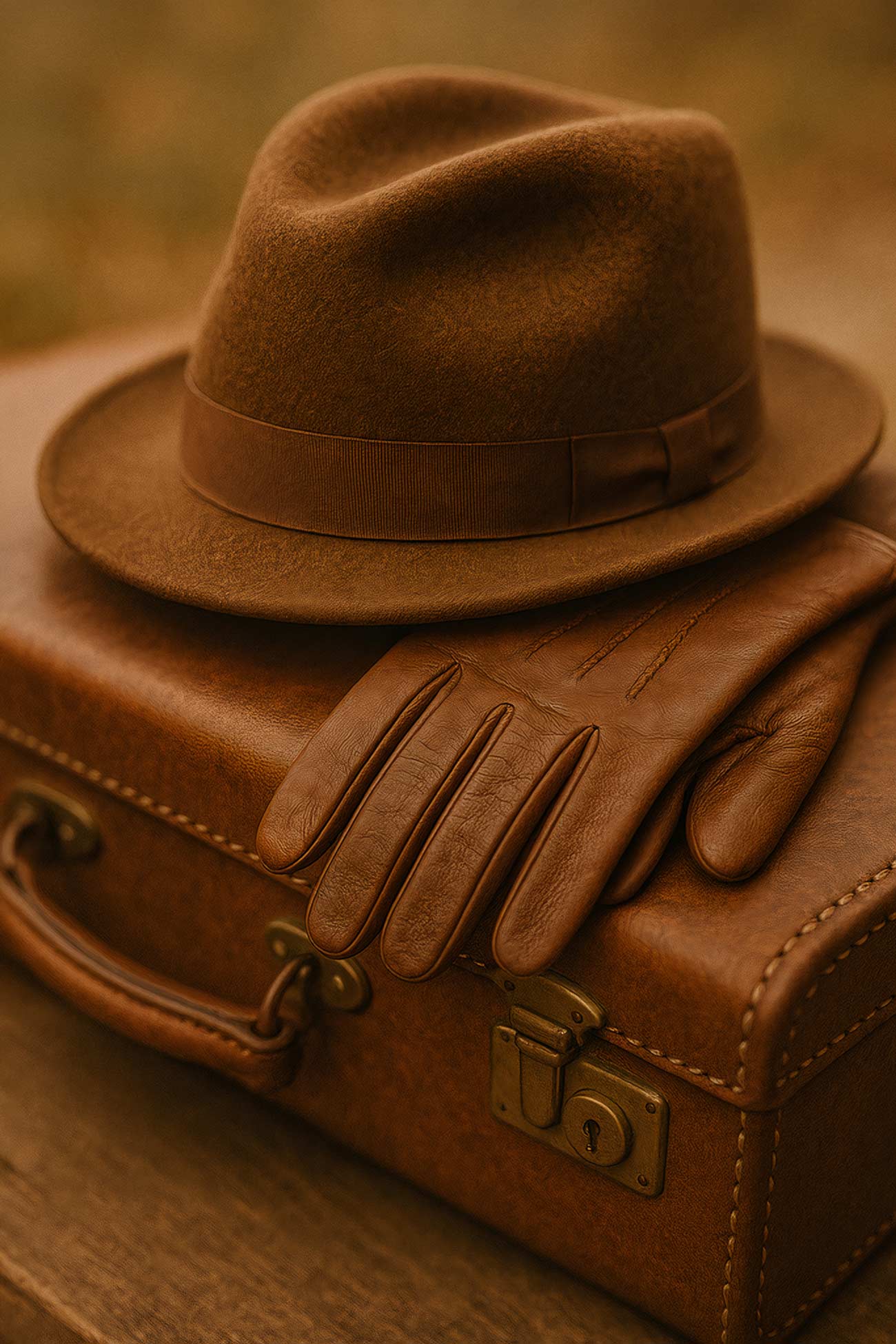 Vintage leather fedora hat on brown suitcase