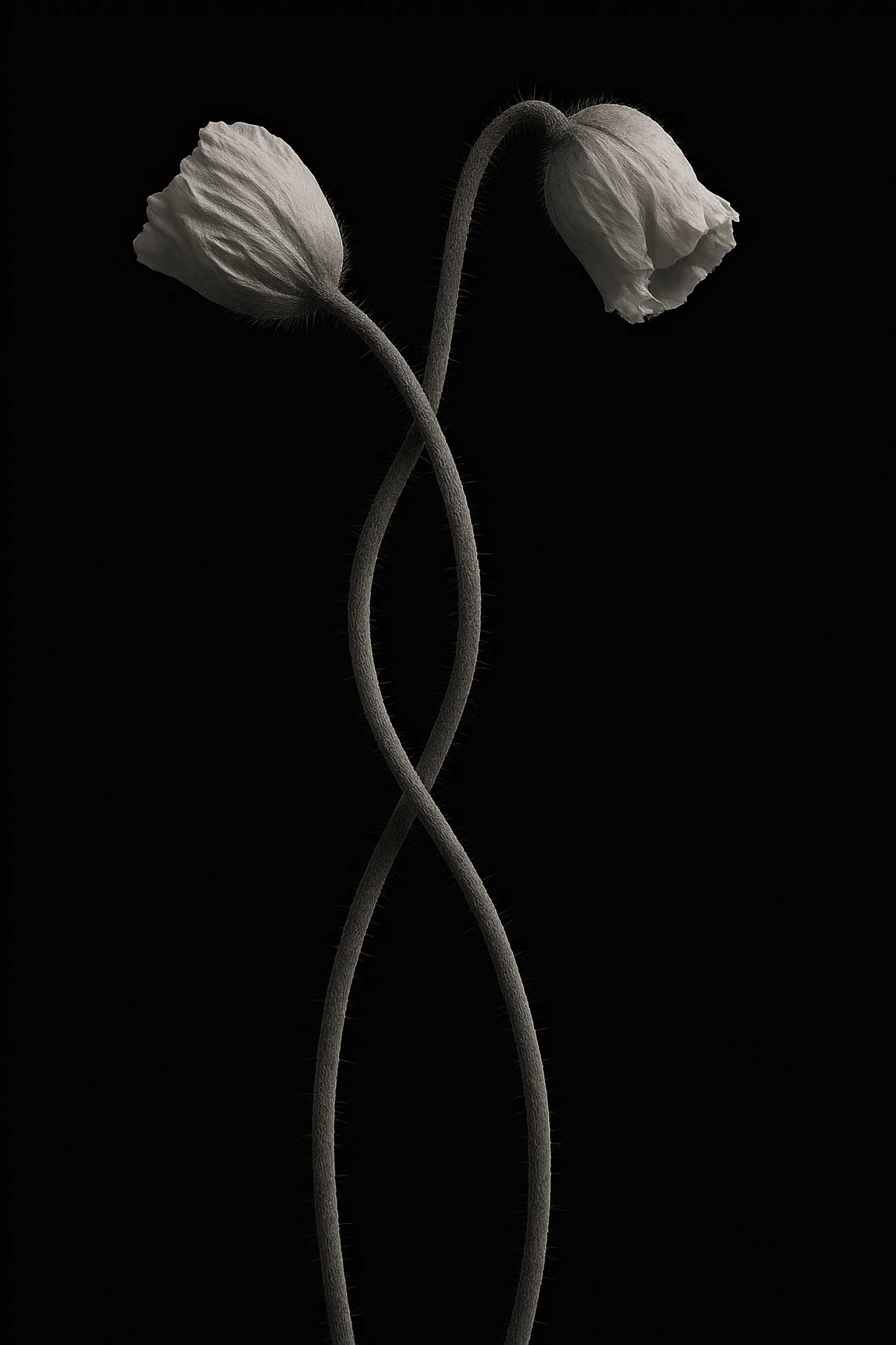 Monochrome floral still life with lilies, tulips, arums